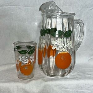 Vintage Bartlett Collins orange juice pitcher and one orange juice glass